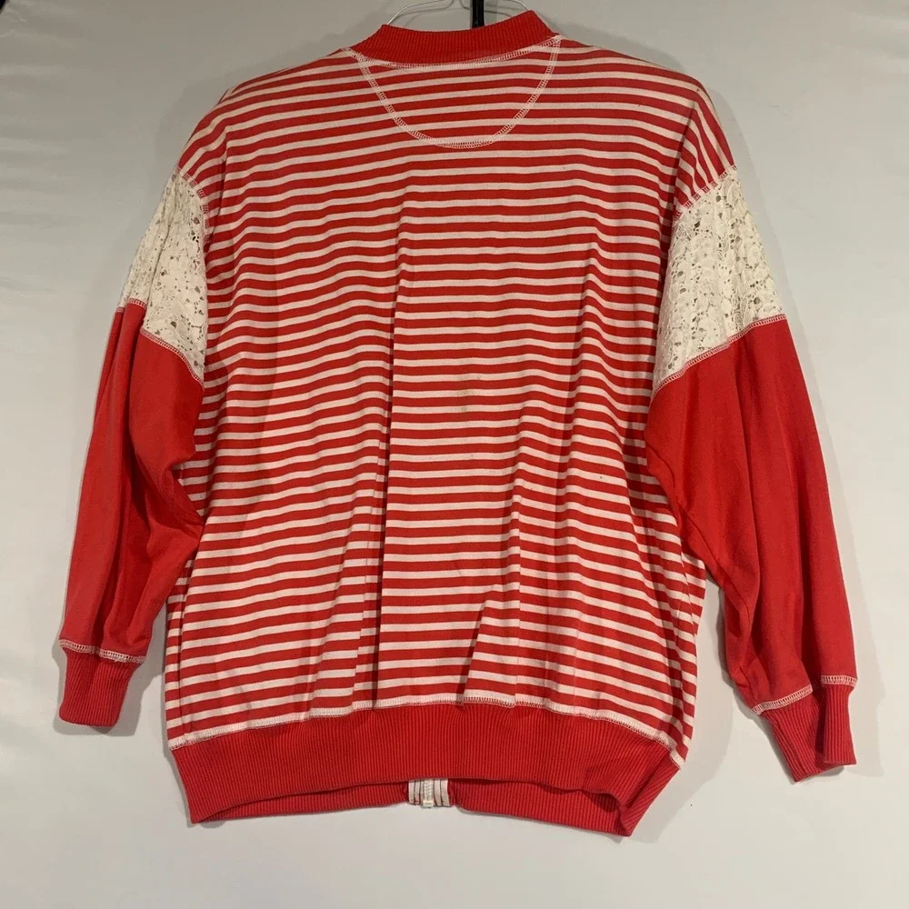 VTG Striped Bomber Jacket Lace Detail Pockets Red White Multi Media Sport Size L
